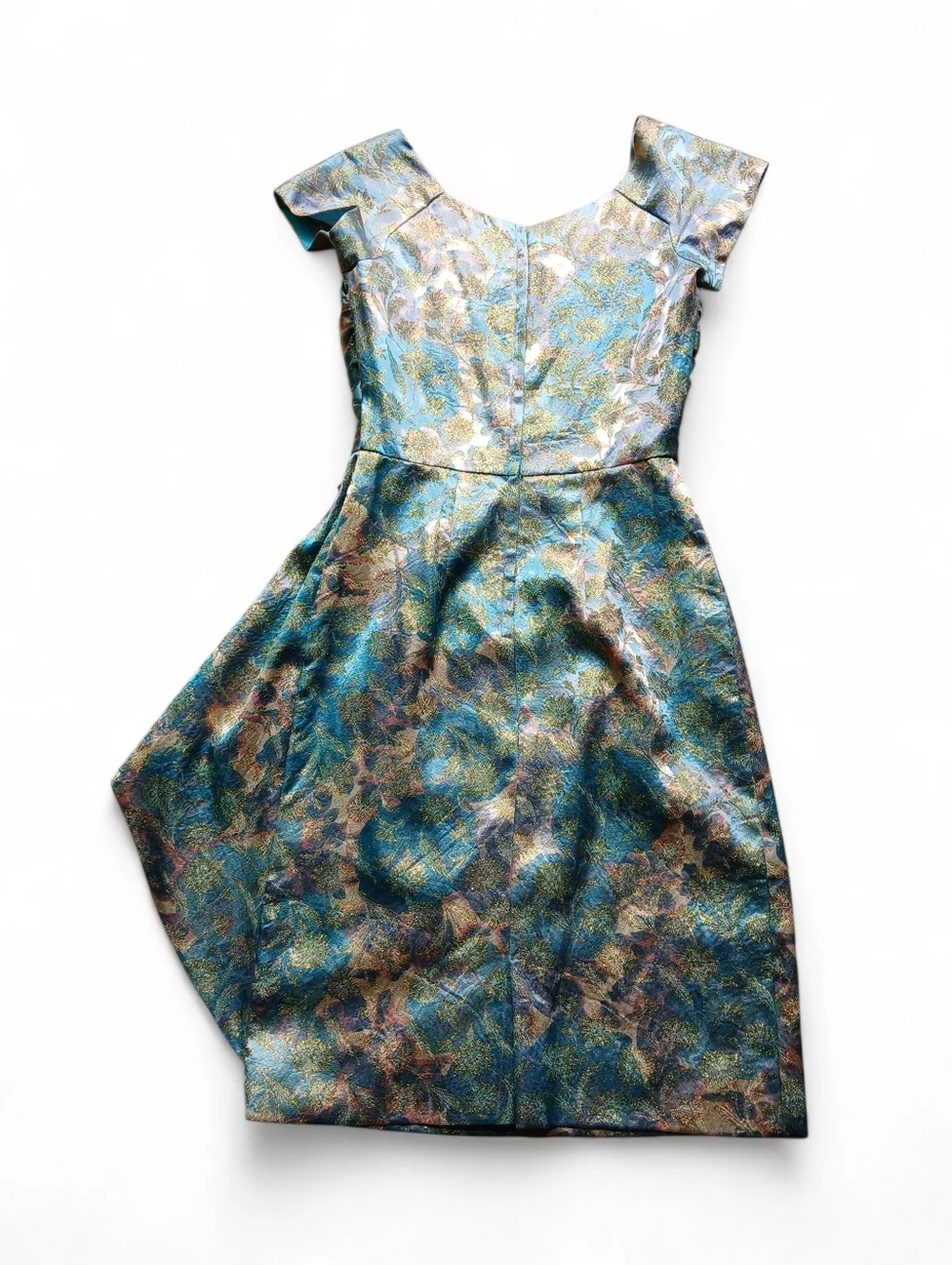 Vintage 50's-60's Elegant Blue-Green Metallic Brocade Cocktail Dress
